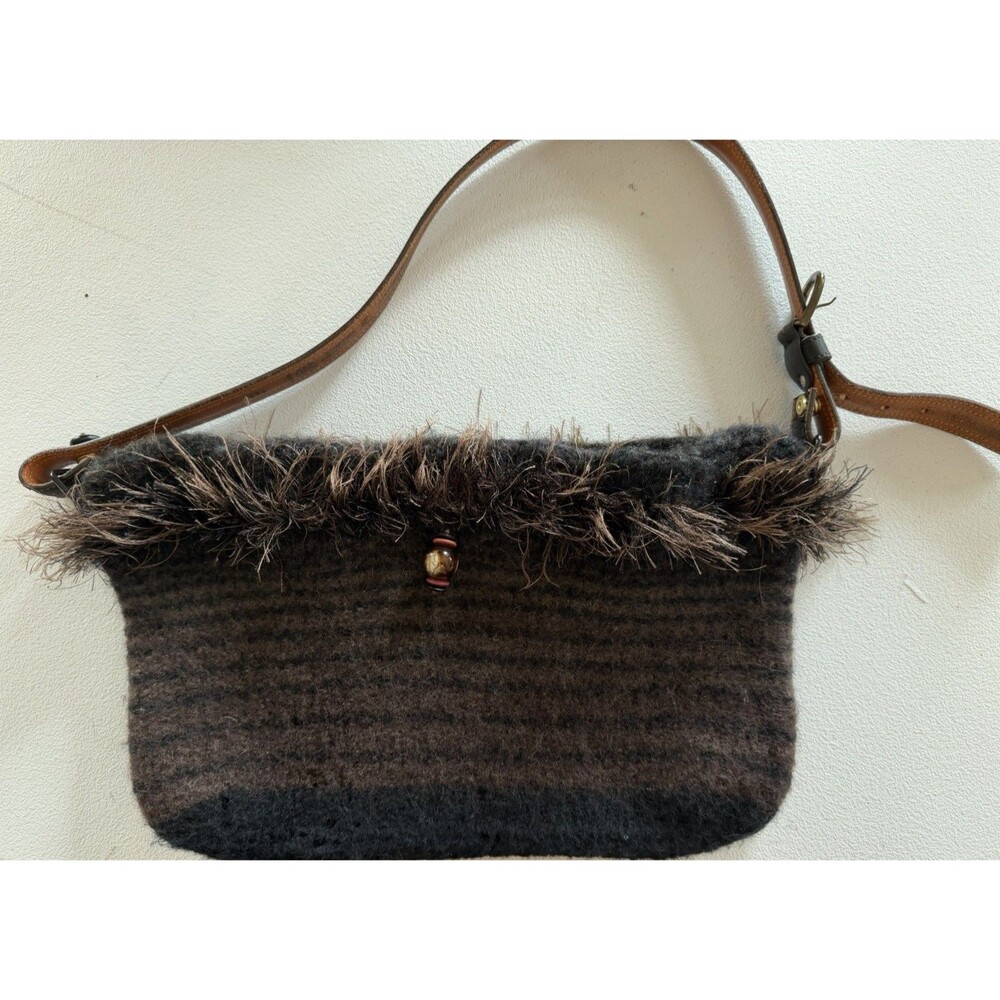 Vintage GP & MAX Italy Shoulder Bag Leather Fuzzy Fringe Boho Y2K Brown